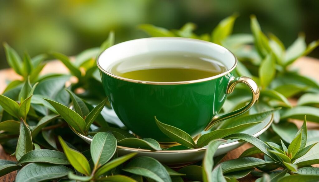 Imagen de una taza de té verde con hojas frescas alrededor