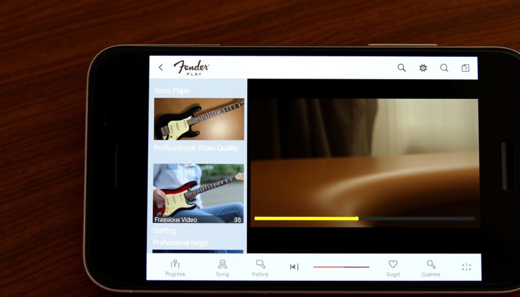 Interfaz de Fender Play mostrando lecciones de canciones populares