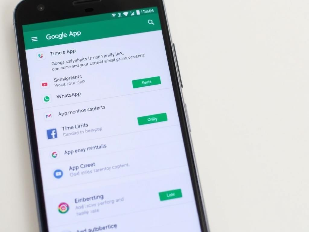 Interfaz de Google Family Link mostrando control parental de aplicaciones incluyendo WhatsApp Interfaz de Google Family Link mostrando control parental de aplicaciones incluyendo WhatsApp