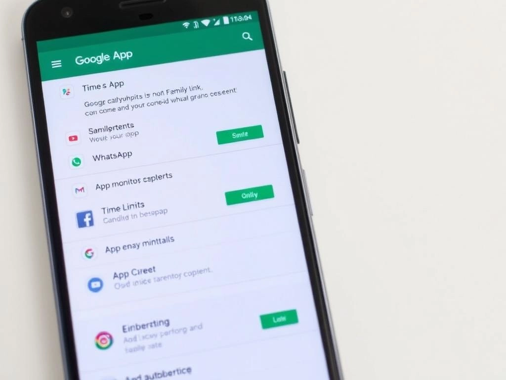 Interfaz de Google Family Link mostrando control parental de aplicaciones incluyendo WhatsApp