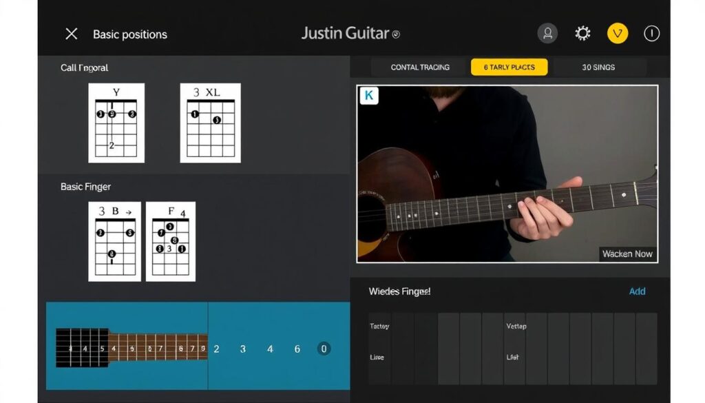Lección de Justin Guitar mostrando posición de acordes básicos