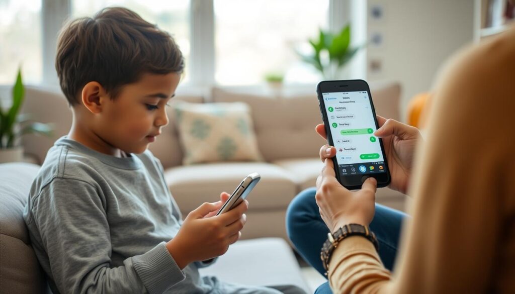 Niño usando WhatsApp en su teléfono mientras los padres utilizan aplicaciones para monitorear WhatsApp de tus hijos