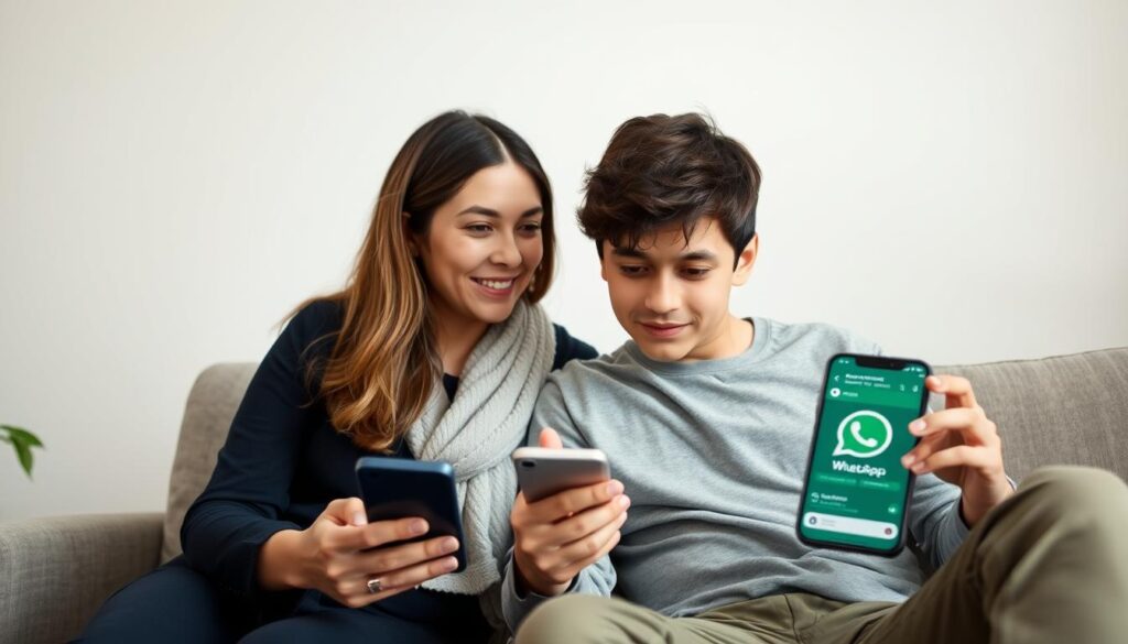 Padre explicando a su hijo adolescente sobre el uso de aplicaciones para monitorear WhatsApp de tus hijos Padre explicando a su hijo adolescente sobre el uso de aplicaciones para monitorear WhatsApp de tus hijos
