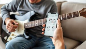 Persona aprendiendo a tocar guitarra con una aplicación en su smartphone