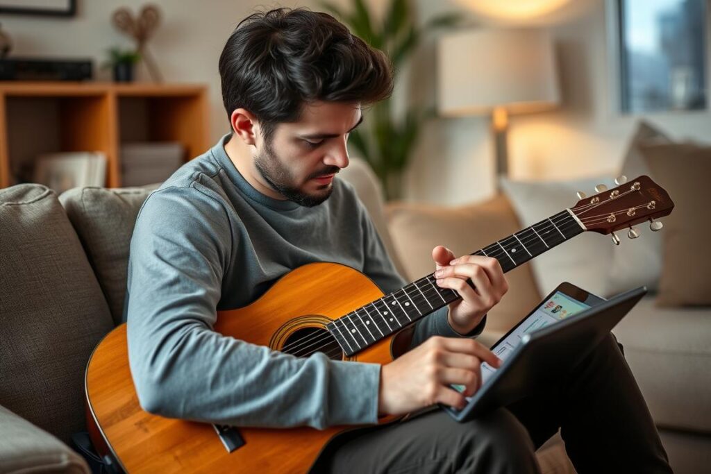 Persona practicando guitarra siguiendo una app en su tablet