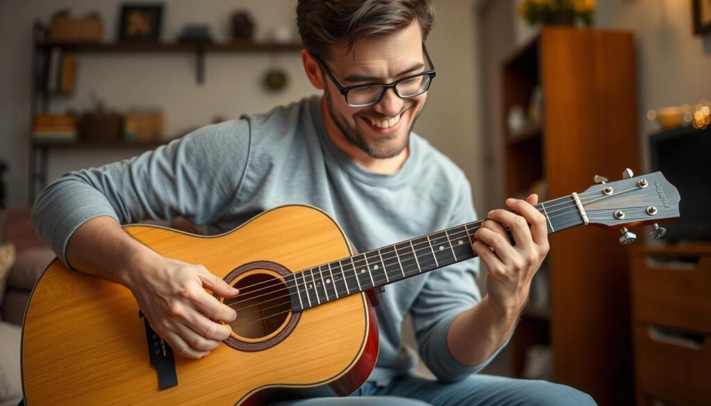 Persona tocando guitarra con confianza después de aprender con apps
