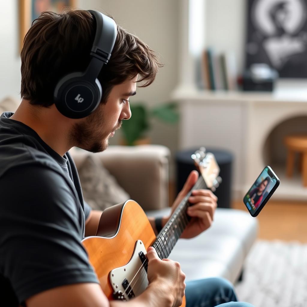 Persona usando auriculares mientras practica guitarra con una app