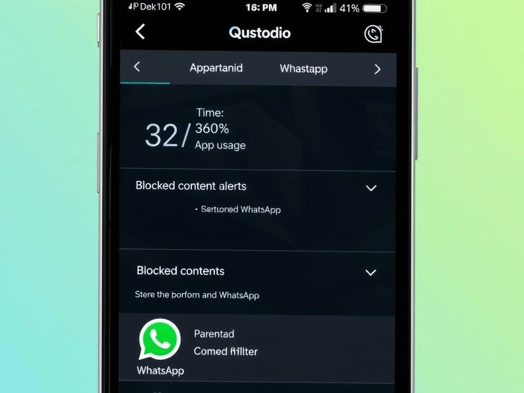 Qustodio mostrando filtros de contenido y monitoreo de aplicaciones incluyendo WhatsApp