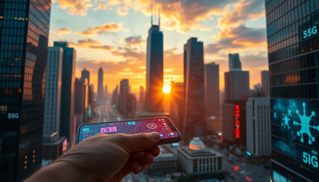 A bustling 5G cityscape, pulsing with ultrafast digital energy. In the foreground, a sleek, futuristic mobile device commands the scene, its screen glowing with vibrant, data-rich visuals. The middle ground reveals towering skyscrapers, their facades adorned with intricate circuitry patterns, hinting at the advanced connectivity coursing through their networks. The background skyline is painted with a vibrant sunset, casting a warm, optimistic glow over the entire tableau. Crisp, cinematic lighting accentuates the dynamic, forward-thinking atmosphere, conveying the transformative power of 5G technology to revolutionize the mobile experience.