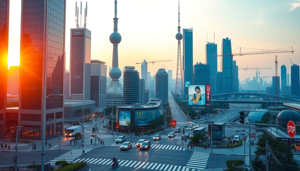 A bustling 5G-powered smart city at twilight, with sleek, modern skyscrapers and towering communication towers in the foreground, their metallic surfaces reflecting the warm glow of the setting sun. In the middle ground, self-driving cars and electric scooters navigate futuristic intersections, while pedestrians stroll along the well-lit sidewalks. In the background, a network of interconnected smart city infrastructure, including intelligent traffic lights, energy-efficient street lamps, and a vast array of IoT sensors, all working in harmony to create a sustainable, efficient, and connected urban environment.