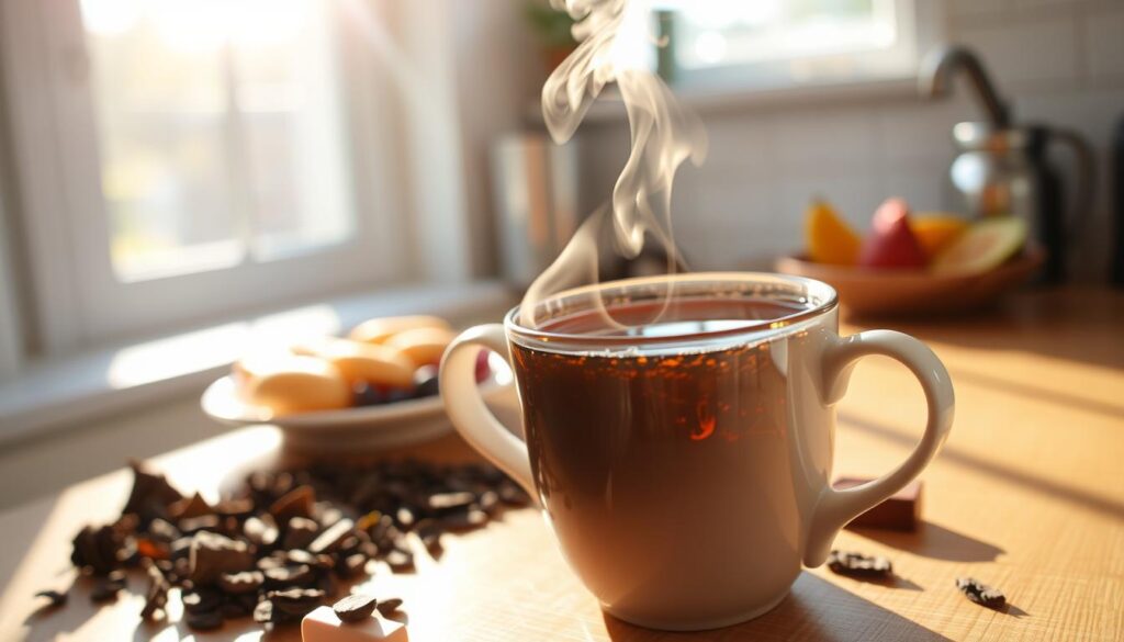 A cozy kitchen scene with a steaming cup of black tea taking center stage. The tea leaves swirl gracefully in the clear liquid, their dark hues contrasting against the delicate white ceramic mug. Sunlight filters in through a nearby window, casting a warm, golden glow on the arrangement. In the background, a small plate of fresh fruit and a healthy snack accompany the tea, suggesting its role as a weight loss companion. The overall atmosphere is one of tranquility and wellness, inviting the viewer to pause and savor the moment. A cozy kitchen scene with a steaming cup of black tea taking center stage. The tea leaves swirl gracefully in the clear liquid, their dark hues contrasting against the delicate white ceramic mug. Sunlight filters in through a nearby window, casting a warm, golden glow on the arrangement. In the background, a small plate of fresh fruit and a healthy snack accompany the tea, suggesting its role as a weight loss companion. The overall atmosphere is one of tranquility and wellness, inviting the viewer to pause and savor the moment.