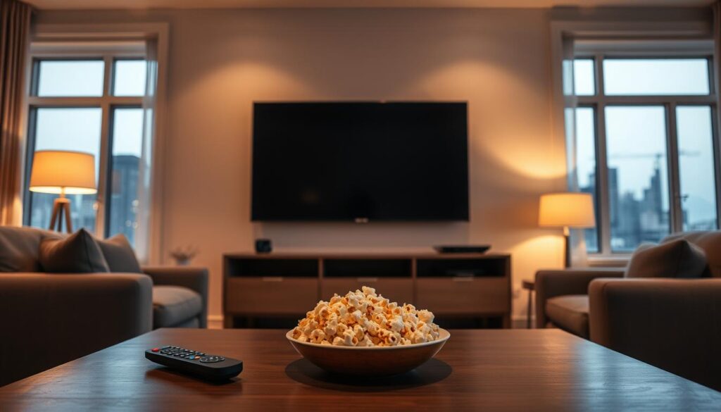A cozy living room with a large flatscreen TV on the wall, surrounded by a comfortable sofa and armchair. Soft, warm lighting illuminates the space, creating a inviting atmosphere. On the coffee table in the foreground, a remote control and a bowl of freshly popped popcorn are visible, setting the scene for a relaxing movie or TV show viewing experience. Through the window in the background, a city skyline can be seen, hinting at the connection between modern technology and home entertainment. The overall composition conveys a sense of comfort, leisure, and the joy of immersing oneself in captivating visual media. A cozy living room with a large flatscreen TV on the wall, surrounded by a comfortable sofa and armchair. Soft, warm lighting illuminates the space, creating a inviting atmosphere. On the coffee table in the foreground, a remote control and a bowl of freshly popped popcorn are visible, setting the scene for a relaxing movie or TV show viewing experience. Through the window in the background, a city skyline can be seen, hinting at the connection between modern technology and home entertainment. The overall composition conveys a sense of comfort, leisure, and the joy of immersing oneself in captivating visual media.