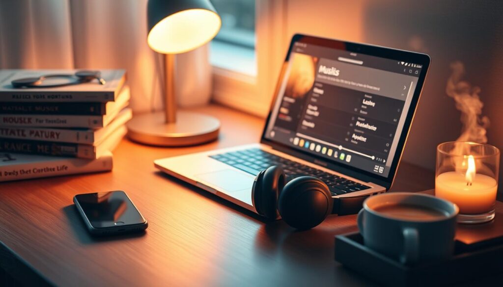 A cozy, well-lit workspace with a laptop, headphones, and a smartphone. The laptop screen displays a music player interface, suggesting offline music optimization. Warm, ambient lighting creates a focused, productive atmosphere. Nearby, a stack of music-themed books and a steaming cup of coffee add to the serene, studious vibe. The overall composition conveys a sense of calm efficiency, as the user works to optimize their offline music experience. A cozy, well-lit workspace with a laptop, headphones, and a smartphone. The laptop screen displays a music player interface, suggesting offline music optimization. Warm, ambient lighting creates a focused, productive atmosphere. Nearby, a stack of music-themed books and a steaming cup of coffee add to the serene, studious vibe. The overall composition conveys a sense of calm efficiency, as the user works to optimize their offline music experience.