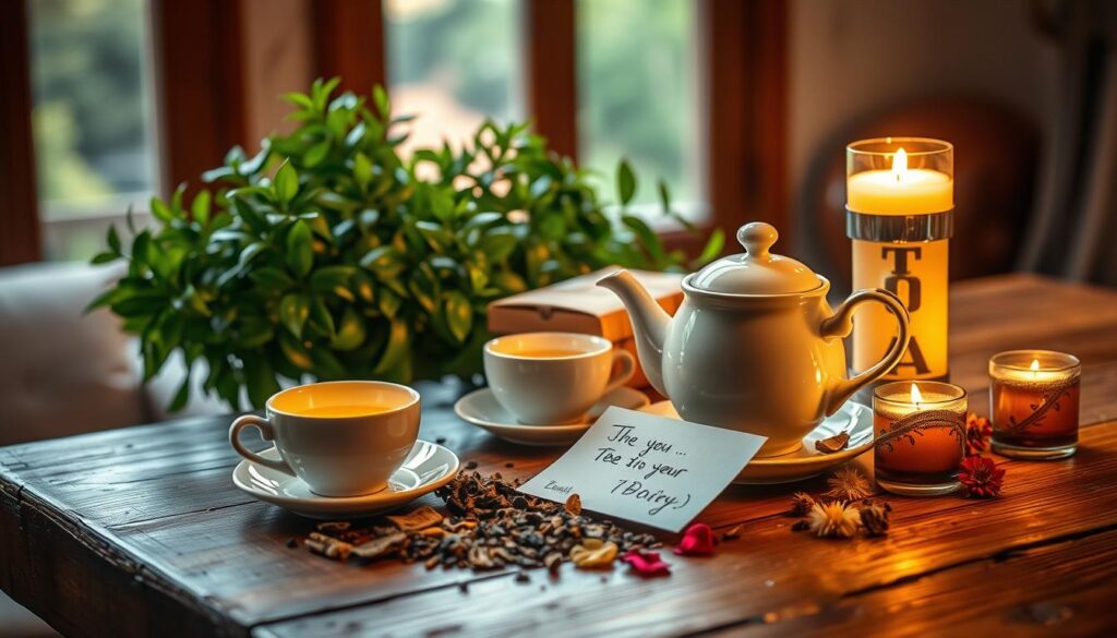 A delightful tea gift set, elegantly presented on a rustic wooden table. In the foreground, a ceramic teapot, cups, and saucers arranged with care, the soft glow of candlelight adding a cozy ambiance. Surrounding the set, an assortment of whole tea leaves, dried flowers, and a handwritten note, conveying a personal touch. The middle ground features a lush, verdant plant, its vibrant foliage complementing the warm tones of the wood and pottery. In the background, a softly blurred, sun-dappled window, hinting at the tranquil setting beyond. The overall mood is one of thoughtfulness, comfort, and the joy of sharing a cherished ritual. A delightful tea gift set, elegantly presented on a rustic wooden table. In the foreground, a ceramic teapot, cups, and saucers arranged with care, the soft glow of candlelight adding a cozy ambiance. Surrounding the set, an assortment of whole tea leaves, dried flowers, and a handwritten note, conveying a personal touch. The middle ground features a lush, verdant plant, its vibrant foliage complementing the warm tones of the wood and pottery. In the background, a softly blurred, sun-dappled window, hinting at the tranquil setting beyond. The overall mood is one of thoughtfulness, comfort, and the joy of sharing a cherished ritual.