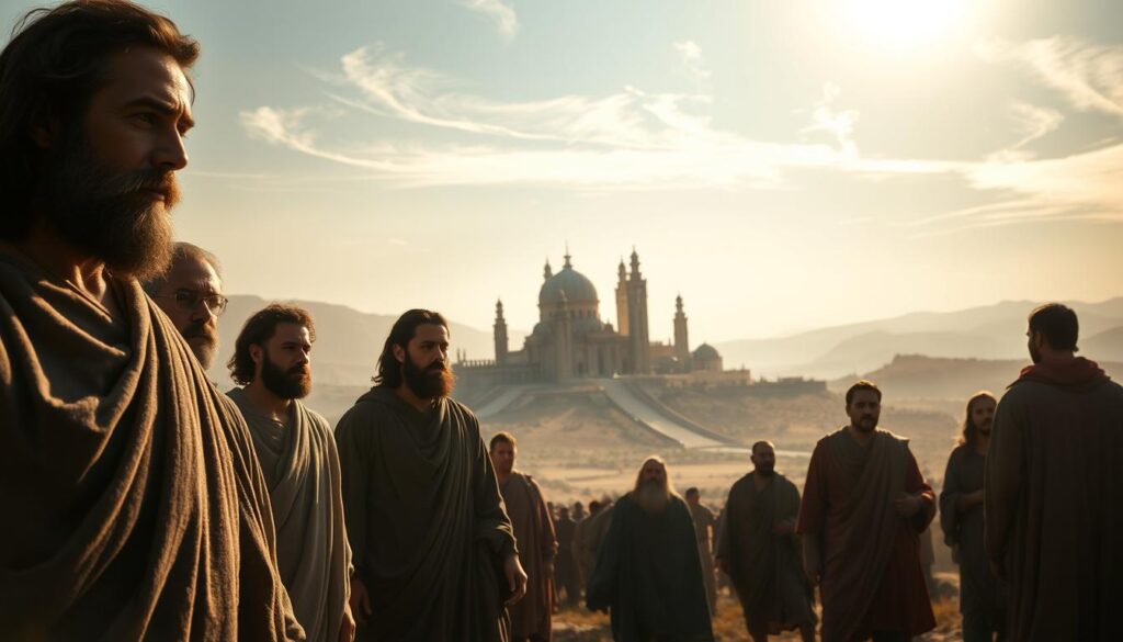 A dramatic scene of a biblical epic series, set against a grand, sweeping landscape. In the foreground, a group of characters in flowing robes stand resolute, their faces etched with determination. Soft, dramatic lighting casts deep shadows, creating an air of reverence and solemnity. In the middle ground, a majestic city or temple structure rises, its ornate architecture and towering spires suggesting a bygone era. The background is filled with a hazy, sun-dappled sky, with wispy clouds adding to the sense of grandeur and timelessness. The overall mood is one of epic storytelling, capturing the scale and drama of a significant biblical narrative.