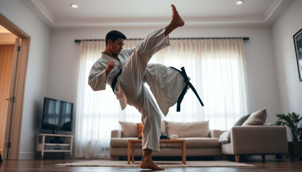 A dynamic scene of a person performing Karate kicks in a well-lit home setting. The person is shown in the foreground, mid-kick, with their leg raised high and body twisted, showcasing the power and precision of a Karate technique. The background features a simple, minimalist living room, with soft lighting and neutral tones to create a calming, focused atmosphere. The image captures the essence of mastering Karate kicks within the comfort of one's own home, highlighting the discipline and skill required to execute these moves.