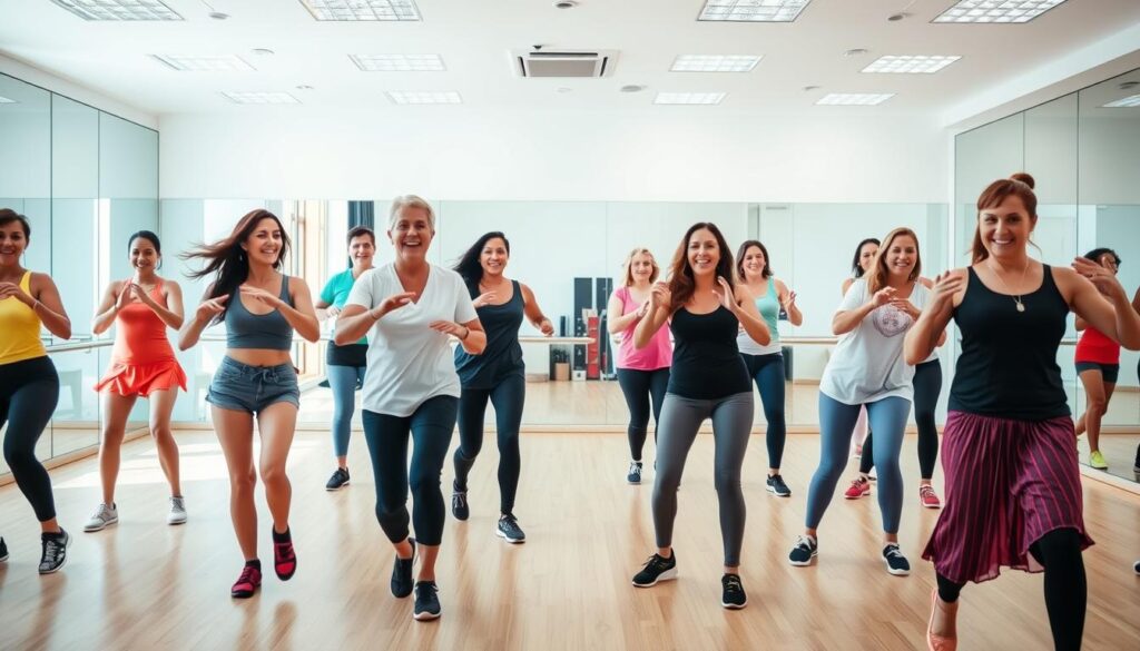 A group of people performing lively Zumba routines in a vibrant, spacious studio. The foreground features individuals of various ages and skill levels moving in sync to upbeat Latin-inspired music, their expressions joyful and focused. The middle ground showcases an instructor leading the class, demonstrating the steps with energy and precision. The background depicts a minimalist, well-lit space with mirrored walls, creating a sense of depth and an immersive atmosphere. The overall scene conveys a welcoming, approachable environment for beginners to learn Zumba in an engaging and supportive setting.