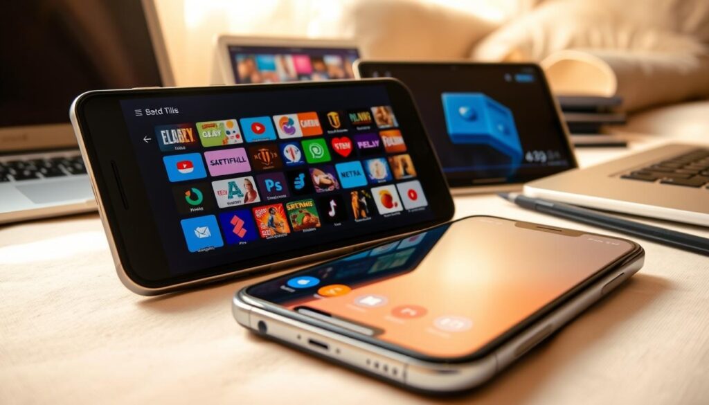 A large, sleek smartphone taking up the foreground, its screen displaying a vibrant array of streaming app icons. The device is set against a soft, blurred backdrop of various digital devices like tablets and laptops, hinting at the ubiquity of streaming technology in modern life. Warm lighting casts a gentle glow, creating an atmosphere of comfort and convenience. The composition emphasizes the central role of mobile apps in providing access to a vast library of films and TV shows, catering to the needs of today's entertainment-savvy audience. A large, sleek smartphone taking up the foreground, its screen displaying a vibrant array of streaming app icons. The device is set against a soft, blurred backdrop of various digital devices like tablets and laptops, hinting at the ubiquity of streaming technology in modern life. Warm lighting casts a gentle glow, creating an atmosphere of comfort and convenience. The composition emphasizes the central role of mobile apps in providing access to a vast library of films and TV shows, catering to the needs of today's entertainment-savvy audience.