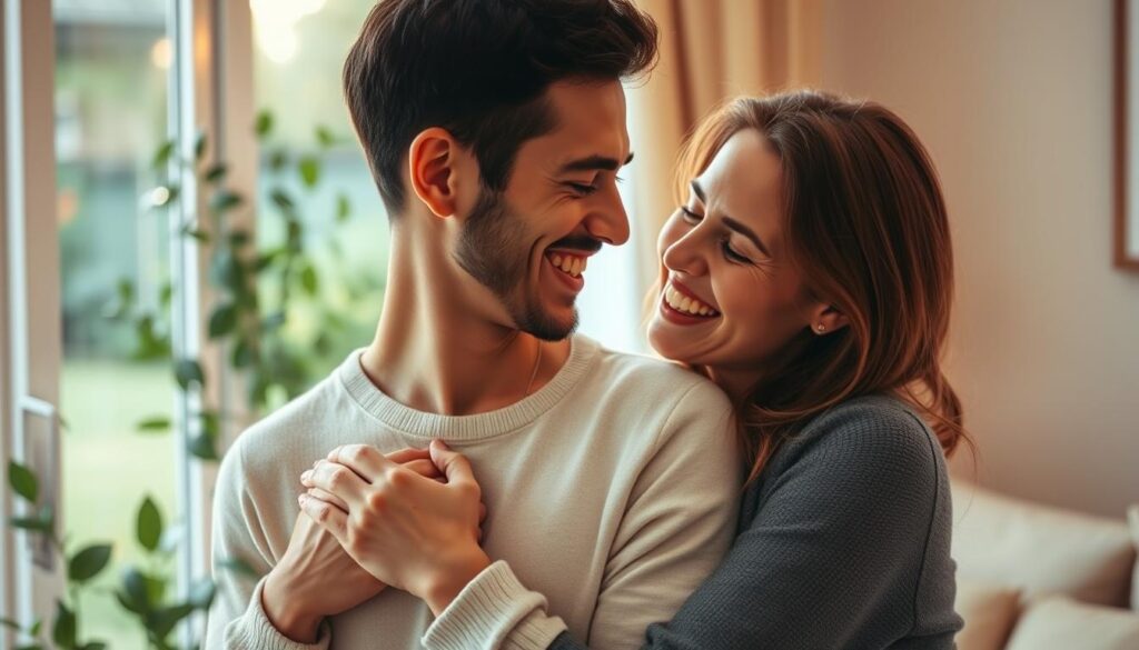 A loving couple embracing, their faces aglow with gratitude and contentment. The soft, warm lighting casts a romantic hue, enveloping them in a intimate moment. In the background, a serene garden or cozy living room setting provides a tranquil, nurturing environment. Their expressions radiate a deep appreciation for each other, the partnership, and the simple joys of their relationship. The composition highlights the pair's emotional connection, conveying the power of gratitude to strengthen and sustain a fulfilling bond. A loving couple embracing, their faces aglow with gratitude and contentment. The soft, warm lighting casts a romantic hue, enveloping them in a intimate moment. In the background, a serene garden or cozy living room setting provides a tranquil, nurturing environment. Their expressions radiate a deep appreciation for each other, the partnership, and the simple joys of their relationship. The composition highlights the pair's emotional connection, conveying the power of gratitude to strengthen and sustain a fulfilling bond.