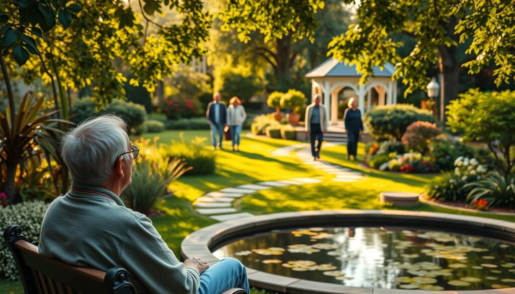 A lush, serene garden scene with a peaceful pond at the center. In the foreground, an elderly pensioner sits on a bench, gazing contentedly at the water. Warm sunlight filters through the verdant foliage, casting a soft glow on the scene. In the middle ground, a group of retired couples stroll leisurely, deep in conversation. Ornate stone pathways wind through the landscaped garden, leading the eye towards a charming gazebo in the background. The overall atmosphere conveys a sense of tranquility, comfort, and the fulfillment that comes with financial security in one's golden years.