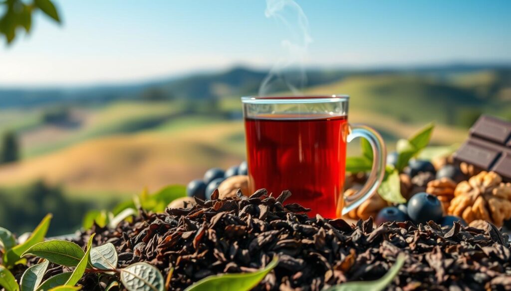 A lush, verdant scene depicting the health benefits of black tea for the cardiovascular system. In the foreground, a cluster of freshly brewed black tea leaves, their rich, earthy hues contrasting against a soft, diffused light. In the middle ground, a transparent glass filled with the dark, amber-toned tea, steam gently rising. Behind it, an arrangement of heart-healthy ingredients like blueberries, walnuts, and dark chocolate, symbolizing the cardioprotective properties of black tea. The background features a serene, pastoral landscape with rolling hills and a clear, blue sky, conveying a sense of tranquility and well-being. The overall composition evokes a feeling of balance, nourishment, and the harmonious relationship between black tea and cardiovascular health. A lush, verdant scene depicting the health benefits of black tea for the cardiovascular system. In the foreground, a cluster of freshly brewed black tea leaves, their rich, earthy hues contrasting against a soft, diffused light. In the middle ground, a transparent glass filled with the dark, amber-toned tea, steam gently rising. Behind it, an arrangement of heart-healthy ingredients like blueberries, walnuts, and dark chocolate, symbolizing the cardioprotective properties of black tea. The background features a serene, pastoral landscape with rolling hills and a clear, blue sky, conveying a sense of tranquility and well-being. The overall composition evokes a feeling of balance, nourishment, and the harmonious relationship between black tea and cardiovascular health.