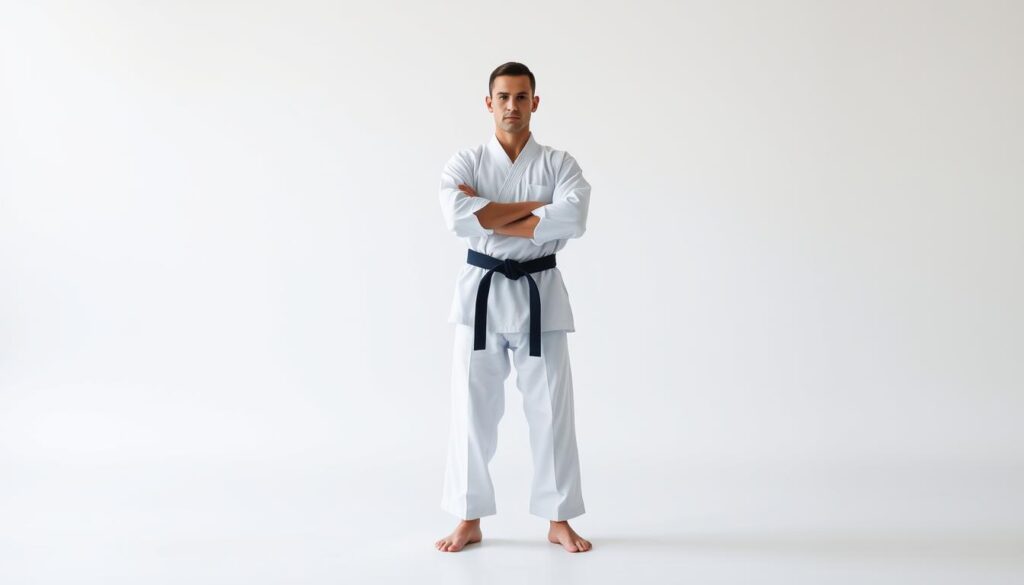A martial artist in a white karate uniform stands in a centered, balanced pose on a plain background. The figure's weight is evenly distributed, their center of gravity low and grounded. The lighting is natural and soft, accentuating the disciplined form and focus. The composition emphasizes the karateka's poise, stability, and control - the foundations of equilibrium in the karate practice. The overall scene conveys a sense of calm, centered energy, and the mastery of bodily alignment central to the art of karate.