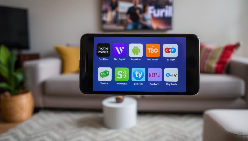 A mobile device prominently displayed, its screen showcasing various app icons representing different television streaming services. The device is positioned in the foreground, with a blurred background depicting a cozy living room setting, complete with a comfortable couch and soft lighting. The overall scene conveys the ease and convenience of accessing television content on-the-go, highlighting the versatility and accessibility of mobile apps for television viewing.