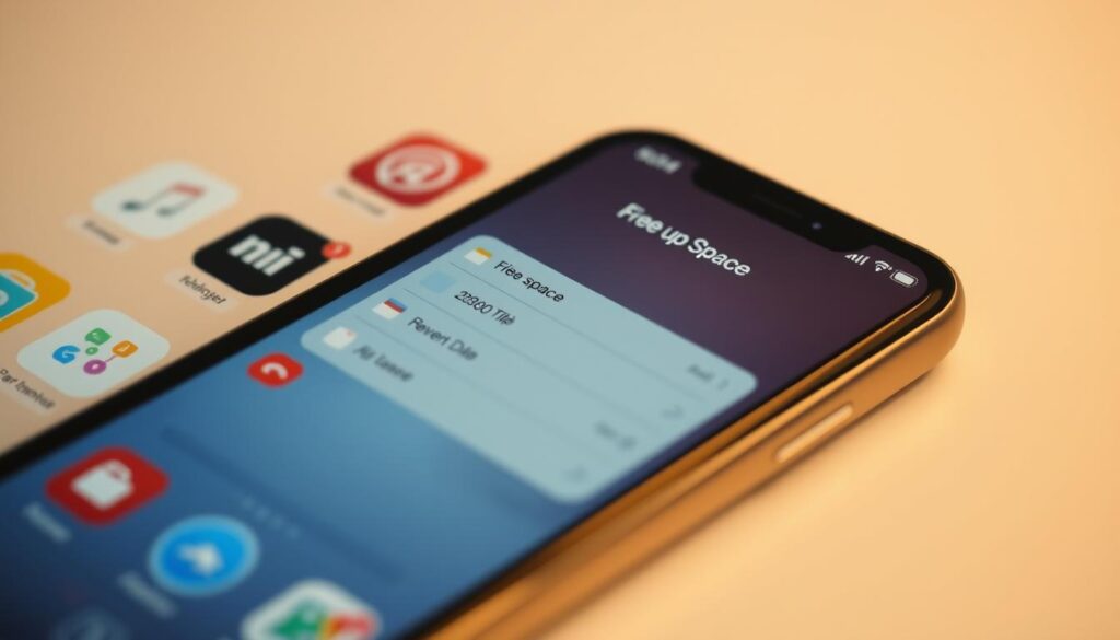 A neatly organized mobile device screen showcasing a variety of apps, with a central focus on a "Free up Space" app interface. The foreground features clean, minimalist design elements, with app icons and an intuitive user interface. The middle ground depicts various file types and data categories, visually indicating the space they occupy. The background subtly conveys a sense of digital organization, with faint wireframe grids and soft gradients. The overall mood is one of efficiency, simplicity, and a streamlined approach to managing mobile storage. Warm, balanced lighting casts a professional, technical feel, captured through a medium-close angle that highlights the key components.