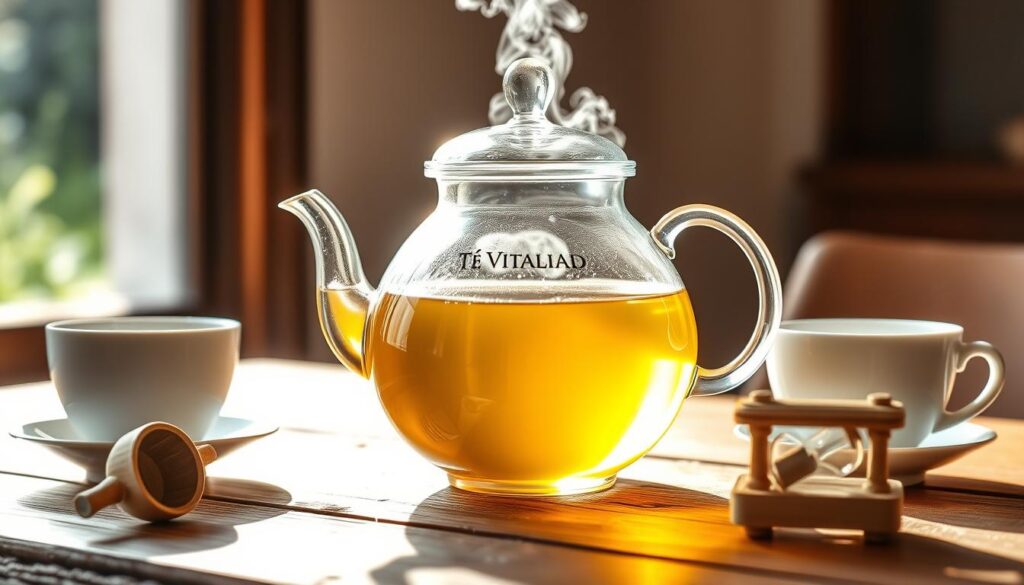 A pristine glass teapot filled with fragrant golden tea, steaming gently on a rustic wooden table. Sunlight streams through a nearby window, casting a warm glow on the scene. Surrounding the teapot are delicate porcelain cups, a bamboo tea scoop, and a small hourglass timer. The overall mood is one of tranquility and mindful preparation, inviting the viewer to slow down and savor the moment. The composition emphasizes the simplicity and elegance of the "Té Vitalidad" preparation ritual, capturing the essence of this revitalizing beverage.