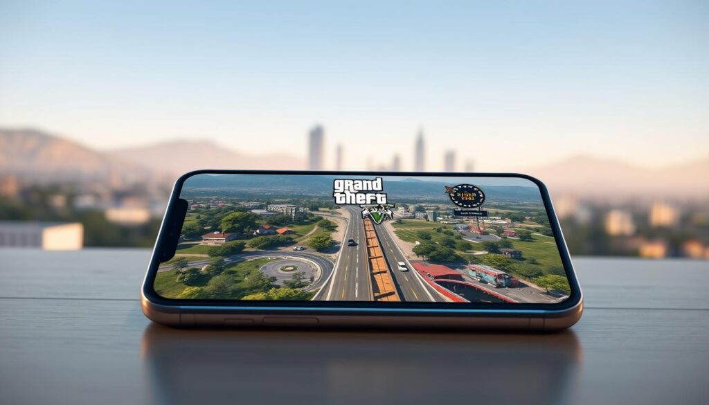 A realistic, cinematic 3D rendering of the iconic Grand Theft Auto 5 game displayed on a modern mobile device. The screen showcases the game's vibrant open world, with the city skyline and lush landscapes visible in the background. The foreground features the mobile device, meticulously detailed with its sleek design and high-resolution display, creating a seamless integration of the game and the device. The lighting is natural and ambient, casting a warm glow on the scene, conveying a sense of immersion and the potential for mobile gaming experiences on par with console counterparts. The overall composition emphasizes the convergence of cutting-edge technology and the beloved GTA franchise, hinting at the future of mobile gaming. A realistic, cinematic 3D rendering of the iconic Grand Theft Auto 5 game displayed on a modern mobile device. The screen showcases the game's vibrant open world, with the city skyline and lush landscapes visible in the background. The foreground features the mobile device, meticulously detailed with its sleek design and high-resolution display, creating a seamless integration of the game and the device. The lighting is natural and ambient, casting a warm glow on the scene, conveying a sense of immersion and the potential for mobile gaming experiences on par with console counterparts. The overall composition emphasizes the convergence of cutting-edge technology and the beloved GTA franchise, hinting at the future of mobile gaming.