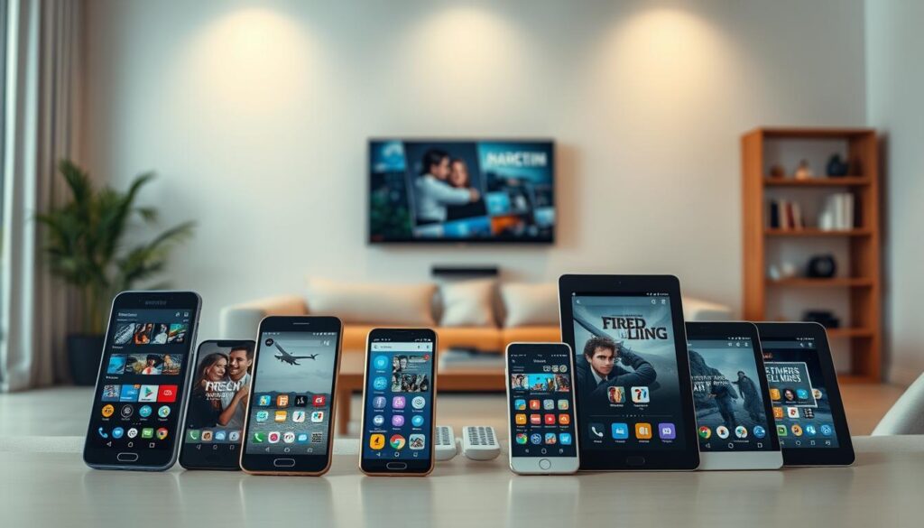 A serene, modern living room with a large flatscreen TV mounted on the wall. In the foreground, various smartphone and tablet devices are arranged, each displaying the user interface of a different streaming app. The middle ground features a comfortable couch and a coffee table with remote controls, highlighting the ease of access to free TV viewing. The background softly illuminates the room with warm, ambient lighting, creating a cozy and inviting atmosphere for an evening of entertainment without subscription fees.