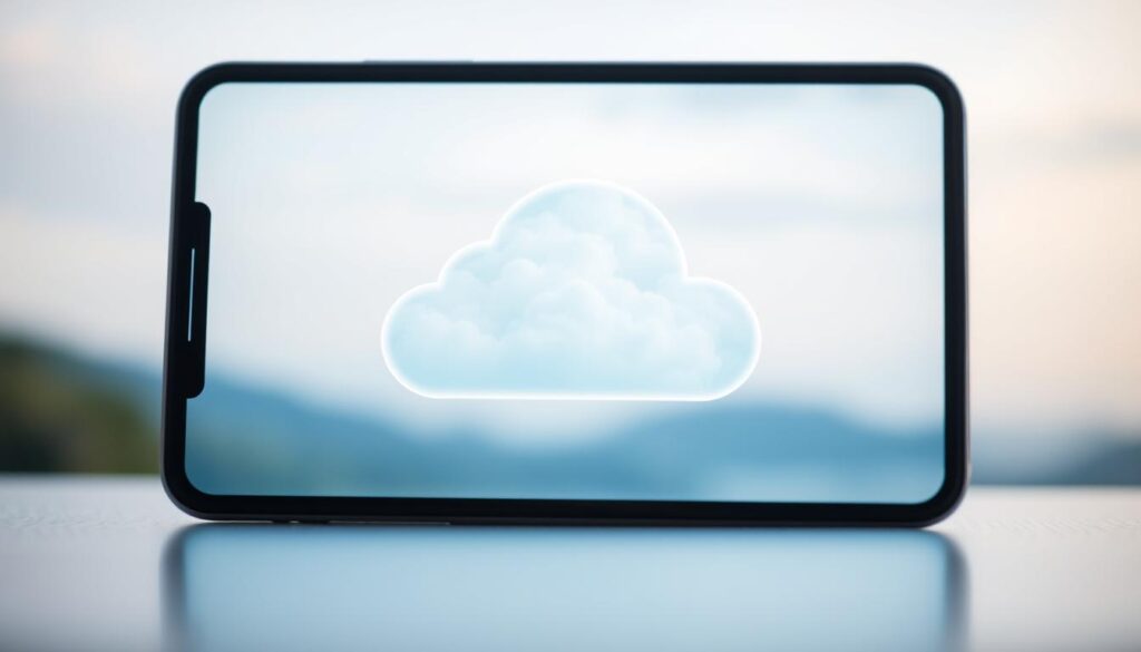 A serene, soft-focus image of cloud storage services. In the foreground, a smartphone or tablet screen displays a seamless cloud sync interface, with delicate icons and minimal text. The middle ground features a cloud-like shape, rendered in a pastel palette of blues and whites, gently enveloping the device. The background is a tranquil, out-of-focus landscape, evoking a sense of security and peace. The lighting is diffused and natural, creating a calming, ethereal atmosphere. The camera angle is slightly elevated, giving a sense of overview and control. Overall, the image conveys the idea of effortless, reliable cloud storage, ready to safeguard precious digital memories. A serene, soft-focus image of cloud storage services. In the foreground, a smartphone or tablet screen displays a seamless cloud sync interface, with delicate icons and minimal text. The middle ground features a cloud-like shape, rendered in a pastel palette of blues and whites, gently enveloping the device. The background is a tranquil, out-of-focus landscape, evoking a sense of security and peace. The lighting is diffused and natural, creating a calming, ethereal atmosphere. The camera angle is slightly elevated, giving a sense of overview and control. Overall, the image conveys the idea of effortless, reliable cloud storage, ready to safeguard precious digital memories.