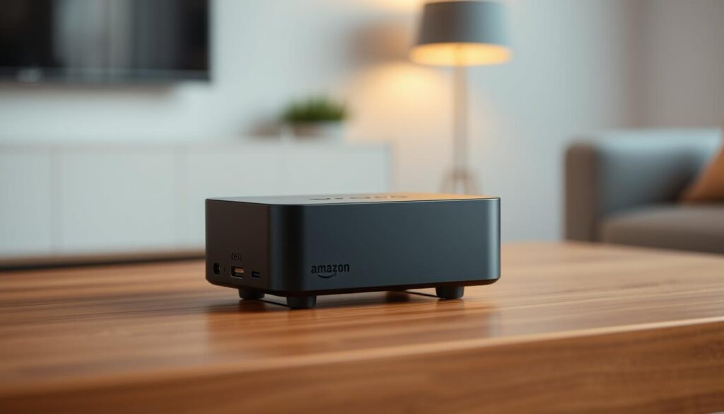 A sleek and modern Amazon TV device, prominently displayed on a minimalist wooden table. The device has a clean, rectangular design with a matte black finish, accentuated by subtle silver accents. The lighting is soft and diffused, creating a warm, inviting atmosphere. The camera is positioned at a slightly low angle, emphasizing the device's streamlined profile and premium aesthetic. The background is blurred, but hints at a modern, minimalist living space, allowing the Amazon TV device to be the focal point of the image.