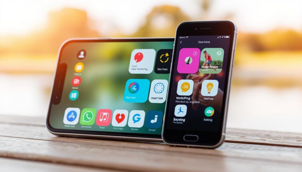 A sleek, modern smartphone display showcases a collection of fitness and wellness apps, each with vibrant icons and clean user interfaces. The foreground features several app logos and screenshots, highlighting features like heart rate monitoring, workout routines, and sleep tracking. The middle ground depicts a serene, natural setting with lush greenery and a calming body of water, conveying a sense of balance and wellbeing. The background is softly blurred, creating a dreamlike atmosphere that evokes a state of relaxation and rejuvenation. Warm, natural lighting bathes the scene, lending a sense of tranquility and vitality. The overall composition suggests the integration of technology and nature to enhance physical and mental vigor. A sleek, modern smartphone display showcases a collection of fitness and wellness apps, each with vibrant icons and clean user interfaces. The foreground features several app logos and screenshots, highlighting features like heart rate monitoring, workout routines, and sleep tracking. The middle ground depicts a serene, natural setting with lush greenery and a calming body of water, conveying a sense of balance and wellbeing. The background is softly blurred, creating a dreamlike atmosphere that evokes a state of relaxation and rejuvenation. Warm, natural lighting bathes the scene, lending a sense of tranquility and vitality. The overall composition suggests the integration of technology and nature to enhance physical and mental vigor.