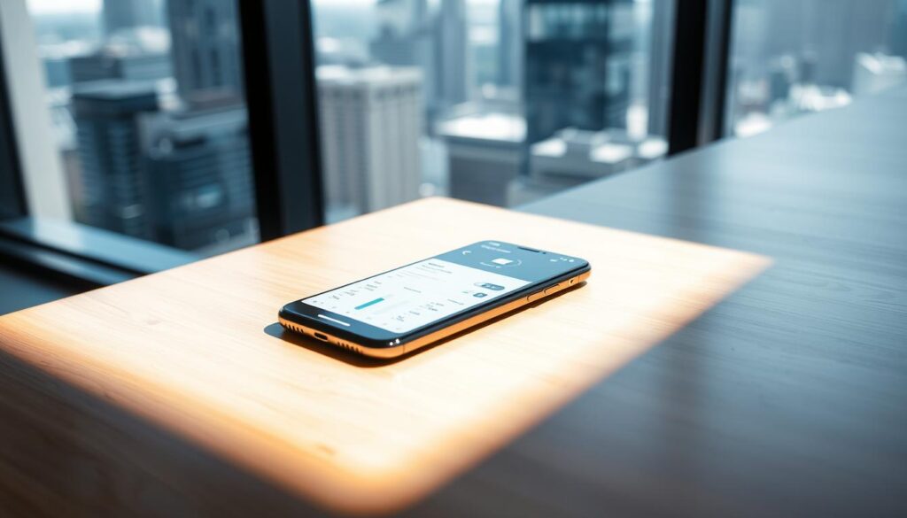 A sleek, modern smartphone resting on a minimalist wooden desk, its screen displaying a battery optimization dashboard with intuitive controls and visualizations. The device is bathed in soft, directional lighting, casting subtle shadows that emphasize its clean lines and premium design. In the background, a blurred cityscape through a large window suggests the busy, tech-savvy environment this phone inhabits. The overall mood is one of efficiency, elegance, and a sense of taking control over one's digital power consumption. A sleek, modern smartphone resting on a minimalist wooden desk, its screen displaying a battery optimization dashboard with intuitive controls and visualizations. The device is bathed in soft, directional lighting, casting subtle shadows that emphasize its clean lines and premium design. In the background, a blurred cityscape through a large window suggests the busy, tech-savvy environment this phone inhabits. The overall mood is one of efficiency, elegance, and a sense of taking control over one's digital power consumption.