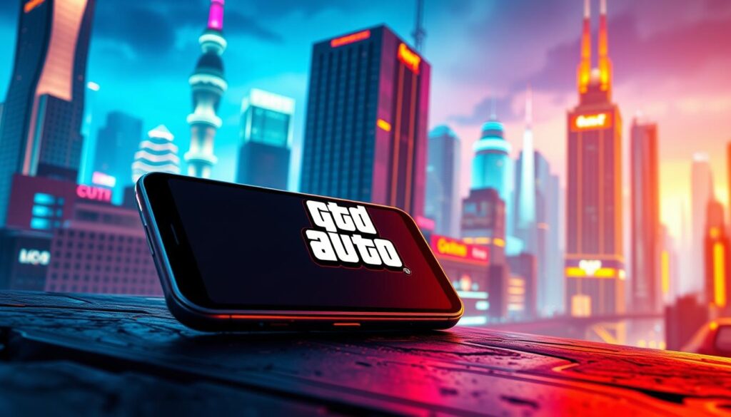 A striking, futuristic depiction of "Grand Theft Auto" set in a vibrant, neon-drenched cityscape. In the foreground, a sleek, high-tech mobile device dominates the frame, its screen displaying the iconic GTA logo. The device is rendered with exceptional detail, its metallic surface gleaming under the warm, cinematic lighting. In the middle ground, towering skyscrapers and holograms paint a cyberpunk-inspired backdrop, hinting at the potential of GTA's mobile evolution. The scene is bathed in a mesmerizing blend of blues, purples, and oranges, creating a sense of technological wonder and futuristic energy. The overall composition conveys a vision of GTA's seamless transition to the mobile realm, where the player's experience is elevated by cutting-edge technology and immersive, mobile-centric gameplay. A striking, futuristic depiction of "Grand Theft Auto" set in a vibrant, neon-drenched cityscape. In the foreground, a sleek, high-tech mobile device dominates the frame, its screen displaying the iconic GTA logo. The device is rendered with exceptional detail, its metallic surface gleaming under the warm, cinematic lighting. In the middle ground, towering skyscrapers and holograms paint a cyberpunk-inspired backdrop, hinting at the potential of GTA's mobile evolution. The scene is bathed in a mesmerizing blend of blues, purples, and oranges, creating a sense of technological wonder and futuristic energy. The overall composition conveys a vision of GTA's seamless transition to the mobile realm, where the player's experience is elevated by cutting-edge technology and immersive, mobile-centric gameplay.