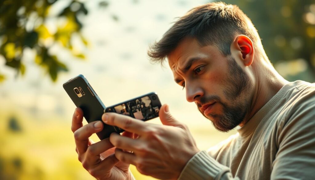 A thoughtful man carefully inspecting a damaged smartphone, deep in contemplation as he considers the possibilities of photo recovery. The device is bathed in warm, natural light, highlighting the intricacies of its internal components. In the background, a serene, blurred landscape suggests a peaceful, tranquil setting, ideal for focused problem-solving. The scene conveys a sense of determination and hope, as the man meticulously explores solutions to retrieve cherished memories from the device. A thoughtful man carefully inspecting a damaged smartphone, deep in contemplation as he considers the possibilities of photo recovery. The device is bathed in warm, natural light, highlighting the intricacies of its internal components. In the background, a serene, blurred landscape suggests a peaceful, tranquil setting, ideal for focused problem-solving. The scene conveys a sense of determination and hope, as the man meticulously explores solutions to retrieve cherished memories from the device.