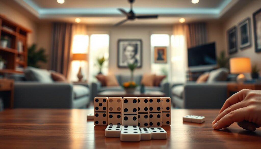 A tranquil game of dominoes unfolds against a warm, inviting backdrop. In the foreground, a pair of hands deftly arranges the familiar tiles, each bearing the iconic dots that represent the game's strategic possibilities. The middle ground showcases a cozy, well-lit living room, complete with plush furniture and a cozy ambiance, setting the stage for an immersive online experience. The background features a subtly blurred view of a modern, tech-savvy environment, hinting at the digital realm where this classic game has found new life. Soft, natural lighting bathes the scene, creating a serene and welcoming atmosphere for newcomers to the world of online dominoes.