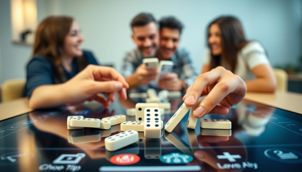 A vibrant and engaging online domino game scene, set against a backdrop of a modern mobile app interface. In the foreground, a pair of hands expertly maneuvering domino tiles on a sleek, high-contrast playing surface, surrounded by a minimalist design of icons and UI elements. The middle ground features a group of friends or family members engaged in a lively domino session, their expressions animated and collaborative. The background showcases a blurred, soft-focused smartphone or tablet screen, hinting at the versatility and convenience of playing domino online with mobile apps. The overall composition conveys a sense of strategic gameplay, social interaction, and the seamless integration of technology into the classic domino experience.