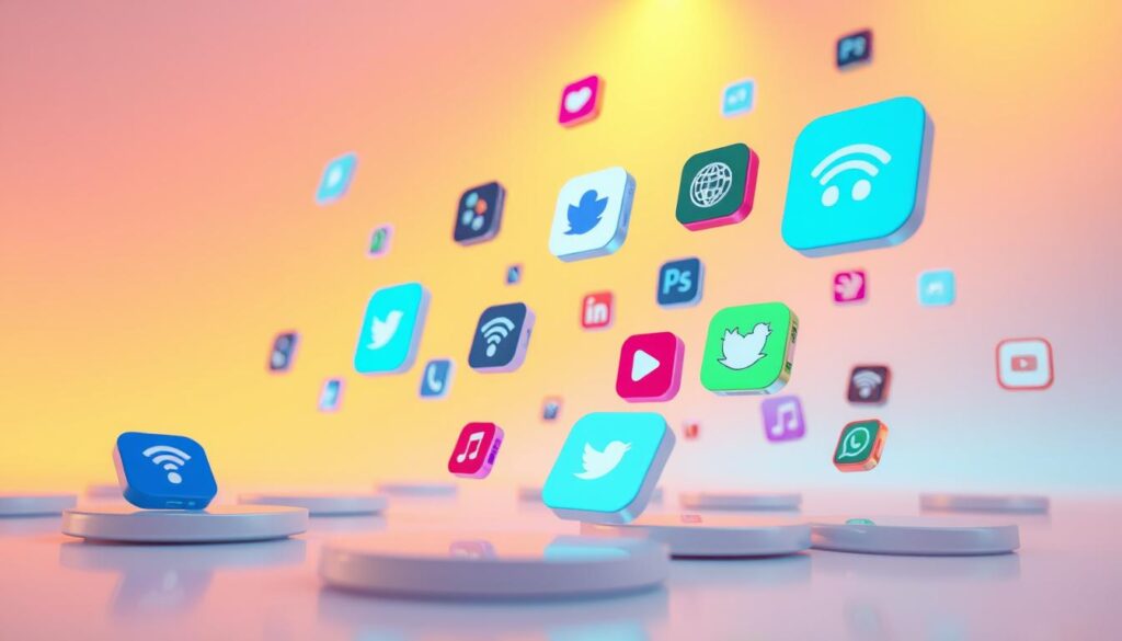 A vibrant and modern display of various wireless apps icons floating in a 3D space, with a bright and airy atmosphere. The apps are rendered with a clean, minimalist style, showcasing their essential functionality. The scene is illuminated by soft, diffused lighting, creating a sense of depth and dimension. The camera angle is slightly elevated, providing a dynamic and engaging perspective. The overall composition conveys the idea of wireless connectivity and the seamless integration of technology into everyday life.