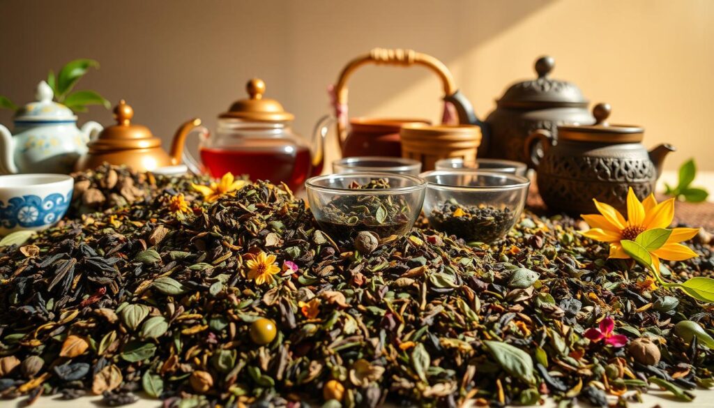 A vibrant array of tea varieties arranged in a visually compelling still life. In the foreground, an assortment of loose tea leaves in various hues, from deep greens to earthy browns, and delicate floral notes. In the middle ground, a selection of traditional tea vessels and accessories, such as ornate teapots, elegant cups, and bamboo infusers, all bathed in warm, natural lighting. The background features a serene, minimalist backdrop, allowing the tea elements to take center stage. The overall composition evokes a sense of tranquility and the rich cultural heritage of tea drinking. Capture this scene with a crisp, high-resolution lens, showcasing the textures, colors, and intricacies of the diverse tea varieties. A vibrant array of tea varieties arranged in a visually compelling still life. In the foreground, an assortment of loose tea leaves in various hues, from deep greens to earthy browns, and delicate floral notes. In the middle ground, a selection of traditional tea vessels and accessories, such as ornate teapots, elegant cups, and bamboo infusers, all bathed in warm, natural lighting. The background features a serene, minimalist backdrop, allowing the tea elements to take center stage. The overall composition evokes a sense of tranquility and the rich cultural heritage of tea drinking. Capture this scene with a crisp, high-resolution lens, showcasing the textures, colors, and intricacies of the diverse tea varieties.