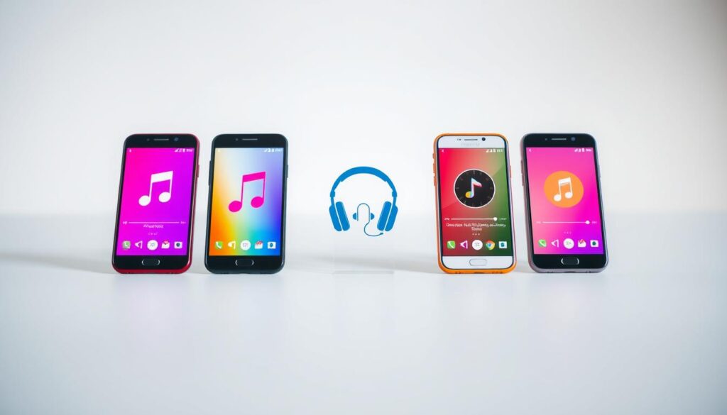 A vibrant comparison of offline music listening apps, showcased in a clean, minimalist layout. The foreground features a row of smartphone screens displaying the user interfaces of various music apps, each with a distinct color scheme and icon set. The middle ground depicts a trio of music-related icons - a pair of headphones, a musical note, and a download symbol - subtly hinting at the core functionality of the apps. The background is a soft, gradient-filled canvas, providing a serene and focused atmosphere. The overall composition emphasizes the key aspects of offline music listening, inviting the viewer to explore and compare the available app options. Lighting is natural and diffused, with a slight depth of field blurring the background to draw attention to the app screens. The perspective is angled slightly from above, giving a sense of curation and consideration. A vibrant comparison of offline music listening apps, showcased in a clean, minimalist layout. The foreground features a row of smartphone screens displaying the user interfaces of various music apps, each with a distinct color scheme and icon set. The middle ground depicts a trio of music-related icons - a pair of headphones, a musical note, and a download symbol - subtly hinting at the core functionality of the apps. The background is a soft, gradient-filled canvas, providing a serene and focused atmosphere. The overall composition emphasizes the key aspects of offline music listening, inviting the viewer to explore and compare the available app options. Lighting is natural and diffused, with a slight depth of field blurring the background to draw attention to the app screens. The perspective is angled slightly from above, giving a sense of curation and consideration.