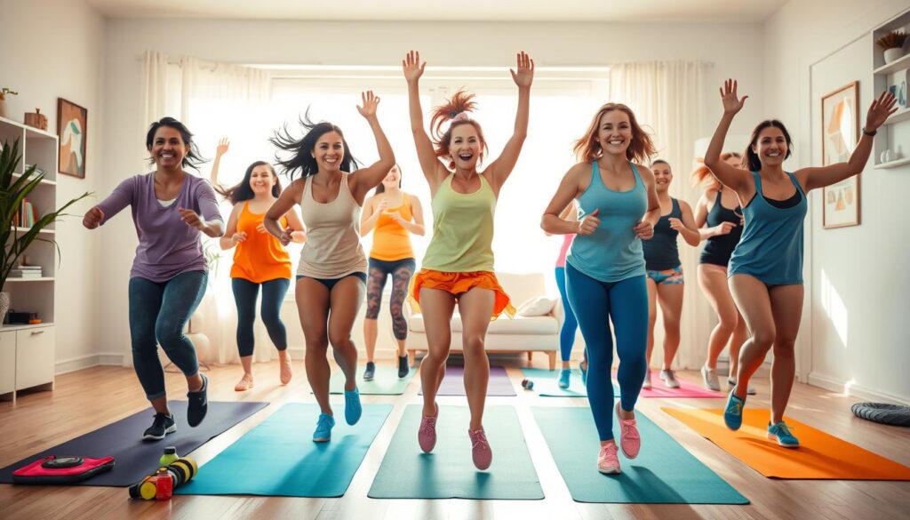 A vibrant, dynamic scene showcasing the joyful benefits of Zumba practice at home. In the foreground, a group of diverse individuals enthusiastically performing Zumba moves, their bodies in fluid motion, faces filled with exhilaration. The middle ground features various exercise equipment and accessories, such as yoga mats, resistance bands, and water bottles, highlighting the accessible, at-home nature of the activity. The background depicts a well-lit, modern home interior with minimalist decor, providing a serene and motivating setting for the Zumba workout. The lighting is warm and natural, casting a gentle glow on the participants, capturing the energizing and uplifting atmosphere of the Zumba practice. The overall composition conveys the physical, mental, and social benefits of Zumba, inspiring viewers to embrace this fun and effective way of staying fit at home.