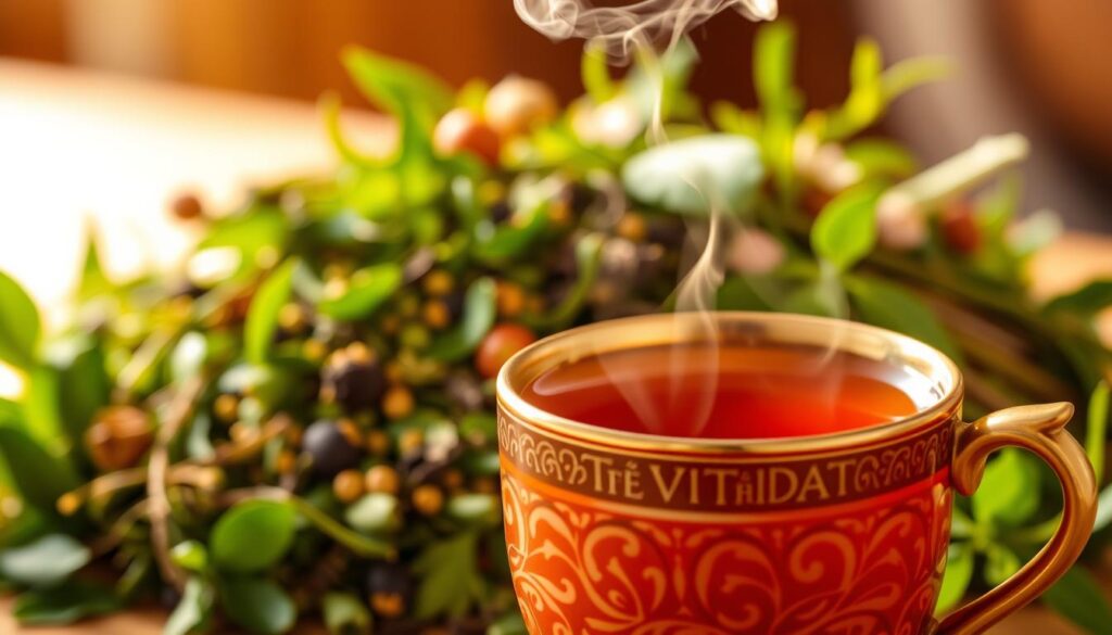 A vibrant, steaming cup of "Té Vitalidad" takes center stage, its fragrant steam wafting upwards. In the foreground, the cup's intricate, artisanal ceramic design showcases the tea's rich, earthy hue. The middle ground features a lush, verdant arrangement of fresh tea leaves, herbs, and botanicals, their vibrant greens and delicate textures creating a sense of natural vitality. The background is softly blurred, allowing the focus to remain on the cup and its unique properties. Warm, golden lighting casts a soothing glow, highlighting the tea's inviting appearance and the overall sense of wellness and rejuvenation.