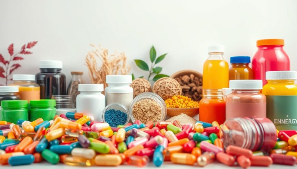 A vivid array of energy-boosting supplements arranged against a clean, minimalist backdrop. In the foreground, an assortment of brightly colored capsules, powders, and liquids in various containers, capturing the diverse options available. The middle ground features a selection of herbal ingredients, such as ginseng, guarana, and B-vitamins, hinting at the natural sources of energy. The background is a simple, softly lit setting, allowing the supplements to take center stage. The overall composition conveys a sense of health, vitality, and the potential to overcome fatigue without relying on caffeine.