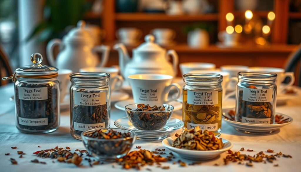 Elegant tabletop scene showcasing an assortment of tea leaves, cups, and saucers. Warm lighting illuminates the delicate textures and colors, creating an inviting and serene atmosphere. In the foreground, various tea leaves are displayed in glass jars, each labeled with the ideal temperature and steeping time for that particular variety. The middle ground features a selection of porcelain teacups and saucers, arranged with precision. The background subtly blurs, focusing the viewer's attention on the central display of tea preparation information. The overall composition conveys a sense of expertise, attention to detail, and the joy of the perfect tea experience. Elegant tabletop scene showcasing an assortment of tea leaves, cups, and saucers. Warm lighting illuminates the delicate textures and colors, creating an inviting and serene atmosphere. In the foreground, various tea leaves are displayed in glass jars, each labeled with the ideal temperature and steeping time for that particular variety. The middle ground features a selection of porcelain teacups and saucers, arranged with precision. The background subtly blurs, focusing the viewer's attention on the central display of tea preparation information. The overall composition conveys a sense of expertise, attention to detail, and the joy of the perfect tea experience.