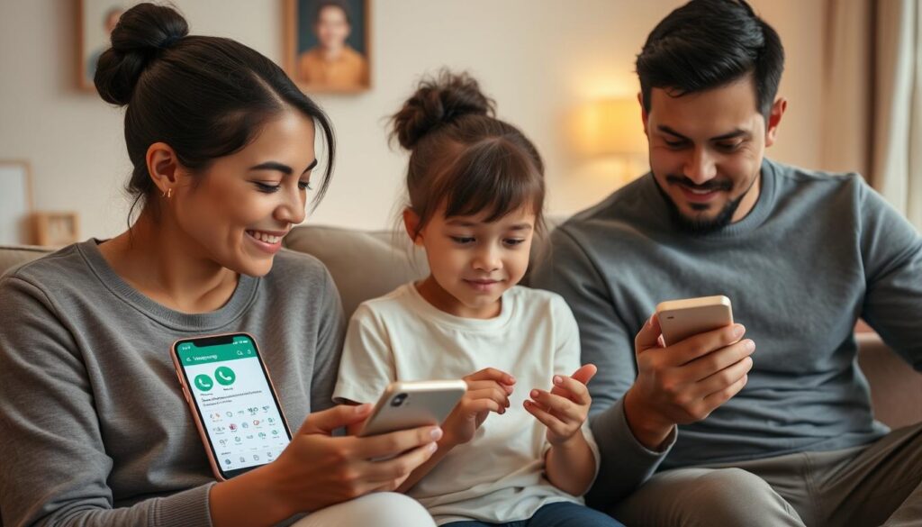 Familia utilizando aplicaciones para monitorear WhatsApp y mensajería en un entorno familiar seguro Familia utilizando aplicaciones para monitorear WhatsApp y mensajería en un entorno familiar seguro