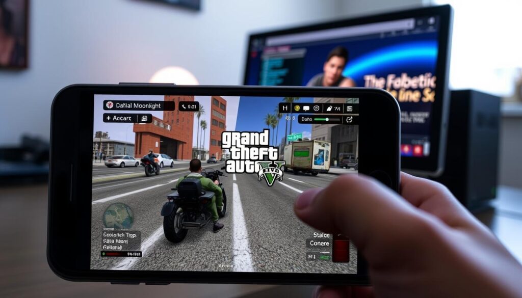 Generar imagen de Moonlight Game Streaming en acción, mostrando un dispositivo móvil con GTA5 siendo transmitido desde una PC. Generar imagen de Moonlight Game Streaming en acción, mostrando un dispositivo móvil con GTA5 siendo transmitido desde una PC.