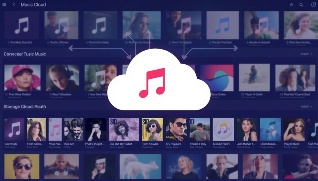 Generar una imagen de Music Cloud mostrando su función de almacenamiento de música. Generar una imagen de Music Cloud mostrando su función de almacenamiento de música.