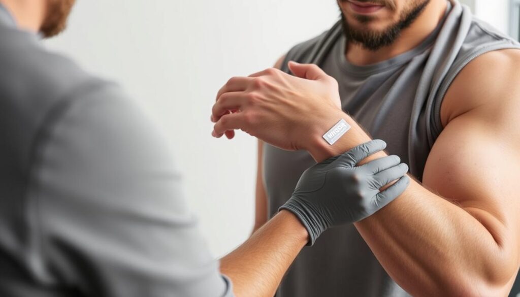 Generar una imagen de un hombre aplicando un parche VIGOR MAX NATURE en su brazo Generar una imagen de un hombre aplicando un parche VIGOR MAX NATURE en su brazo
